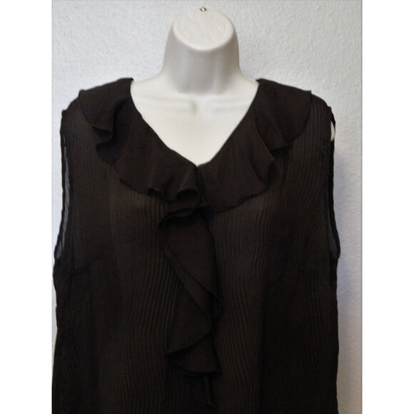 Christopher & Banks Ruffled Top L Dark Brown Sheer Pleated Sleeveless - Picture 4 of 10